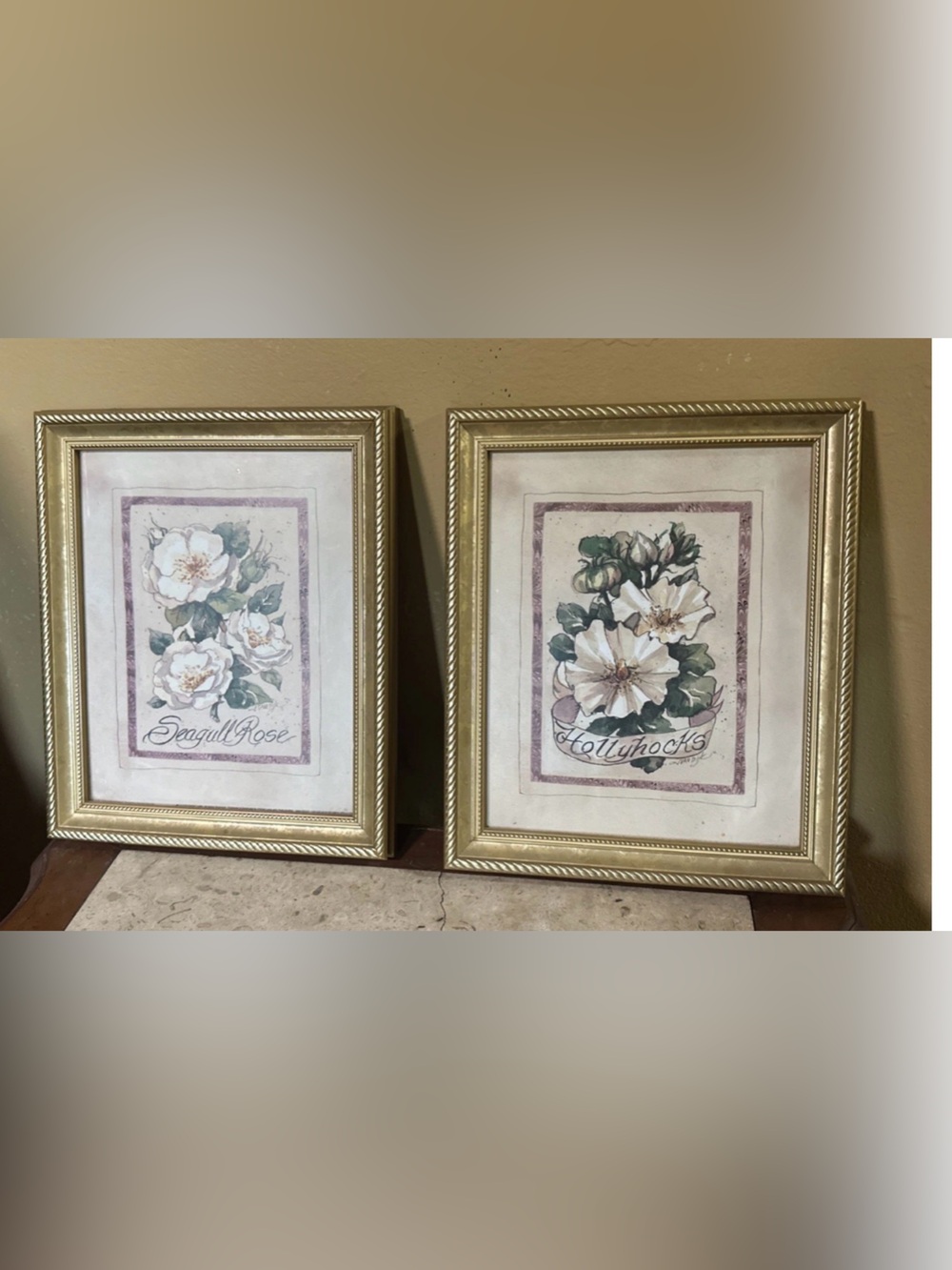 Floral White Hollyhock Wall Art Print in Gold Frame - Home Accents 12x9.5